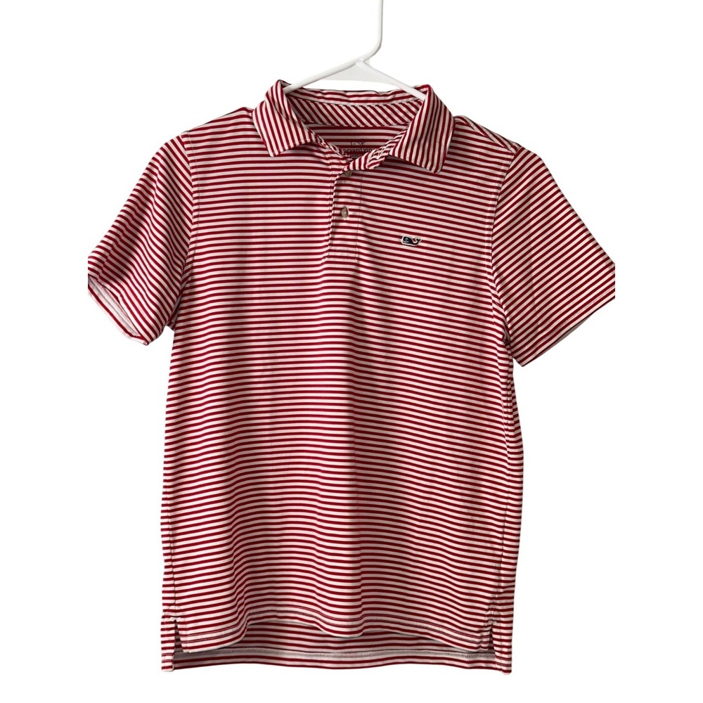 Vineyard Vines Boys Red White Striped Sankaty Polo Shirt M 12-14 Performance